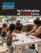 cover of issue of American Artscape In Celebration of Artful Lives with photo of family making art at an outdoor table