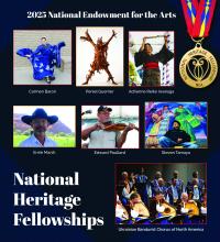 A colorful collage of seven individual artists with a medallion in the upper right corner being held by a red, blue and yellow ribbon. Text reads 2025 National Endowment for the Arts National Heritage Fellowships