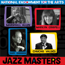 Photos of the 2025 Jazz Masters arranged in a collage with purple, red, blue, and yellow rectangles around the photos. Text reads National Endowment for the Arts Jazz Masters