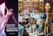 Collage of photos including a woman dancing, a library, a painting of a woman, and students painting at a table together