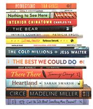 Photo of 15 books that are a part of the 2022-2023 NEA Big Read stacked on top of each other