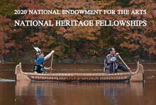 Photo of two men canoeing on a lake, with the words 2020 National Endowment for the Arts NEA NATIONAL HERITAGE FELLOWSHIPS superimposed above them