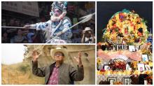 a collage of images including a performer in traditional Chinese opera make-up and costume, a day of the dead altar, and Grant Bulltail, whois a Native American man