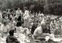 Crowd sitting on lawn for play. 