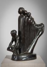A metal sculpture of a harp made up of people standing along an arm