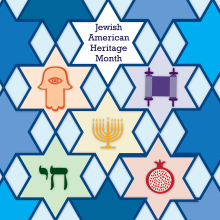 Image celebrating Jewish American Heritage Month, featuring the Star of David in a quilt-like pattern, with a hamsa, torah, menorah, chai, and pomegranate.