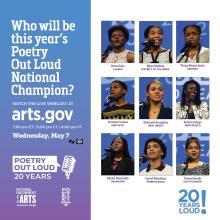 Who will be this year's poetry out loud national champion? With POL logo and photos of nine finalists: Mona Koko (Alaska)  Nyla Dinkins (District of Columbia) Tianna Renee Jones (Georgia) Javontae Cranmo (Kentucky)   Hadassah Broughton (New Jersey) Kaitlyn Lubega (New Mexico)    Elisha Dalmeida (Oklahoma)  Isavel Mendoza (Pennsylvania)   Teonna Randle (South Dakota)