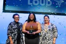 NEA Chair Maria Rosario Jackson, Poetry Out Loud National Champion Niveah Glover, and Poetry Foundation President Michelle T. Boone