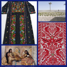 collage of four photos including black dress with Palestinian embroidery, a desert landscape, a red and white embroidered fabric piece, and a group of three women 
