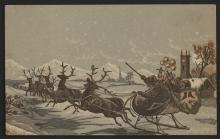 [Santa with toys in a sleigh, drawn by reindeer, with a church on the right and another in the distance