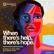Painting of a woman with text "When there's help, there's hope."