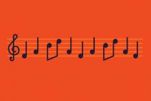 a measure of musical notation in the trebel cleff black notes on a yellow staff against a red orange background