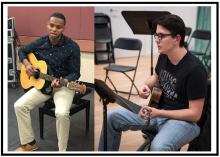 2 young men sitting by themselves with guitars