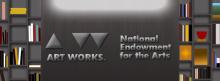 graphic rendering of the NEA lobby featuring bookshelves full of books and objects and agency name and logo