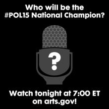 Black/white graphic of blank face with question mark + "who will be the pol15 national champ?"
