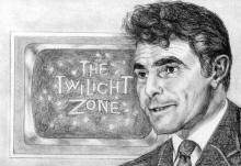 pencil drawing of Twilight Zone host Rod Serling