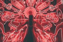 a girl stands in front of an image of a neon light drawing of several different types of musical instruments