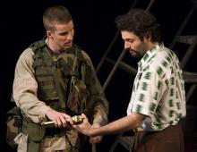 L to R: Brad Fleischer and Arian Moayed in the world premiere production of "Bengal Tiger at the Baghdad Zoo" by Rajiv Joseph, directed by Moisés Kaufman, at the Center Theatre Group/Kirk Douglas Theatre. Photo by Craig Schwartz