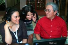 Playwright Rhiana Yazzie (Navajo), actress Thirza Defoe (Anishnabe), and Native Radio Theater Coordinator John Gregg (Hopi/Inupiat) record a broadcast for Native Radio Theater, supported by NATP.  Photo courtesy of NATP