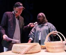 Mary Jackson talks about the art of sweetgrass basket making with Nick Spitzer at the 2010 NEA Heritage Fellows celebration. Photo by Michael Stewart