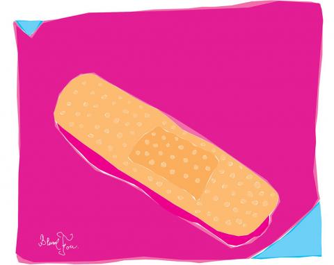 A painted picture of a Band Aid on a pink and turquoise background