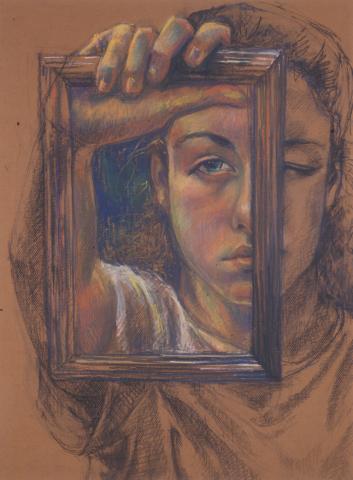 A drawing of a youth holding a frame up in front of his face. 