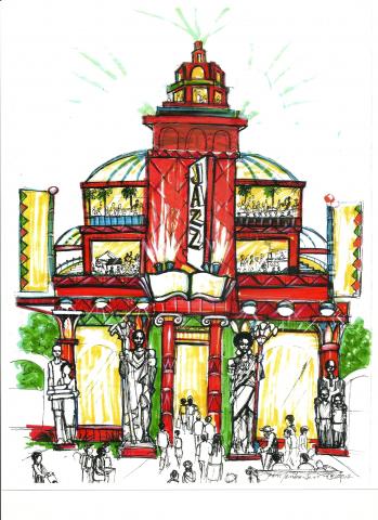 Drawing of a the front of a theater
