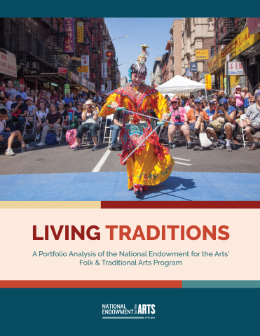 Cover of Living Traditions publication showing a dancer in colorful costume in a parade in the street.