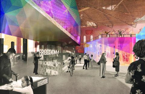 A design rendering of the inside of a community center. 