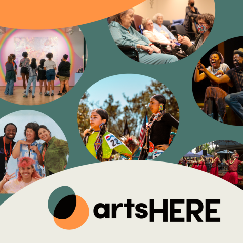 A collage of images within orbs floating over green. In these images, folks engage with art exhibits, dance at powwows, act on stage, hula in community, and communicate with the elderly. Two larger orbs frame the top and bottom, with the ArtsHERE logo and crediting language over the bottom.