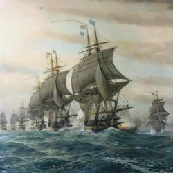 painting of two fleets of 18th century battleships with sails engaged in battle on the open sea