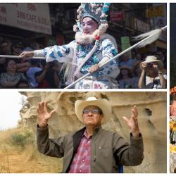 a collage of images including a performer in traditional Chinese opera make-up and costume, a day of the dead altar, and Grant Bulltail, whois a Native American man