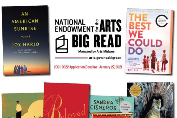 Big Read logo with book covers for An American Sunrise, The Best We Could Do, The Call of the Wild, the House on Mango Street, Beloved, and The Grapes of Wrath