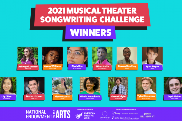 2021 Musical Theater Songwriting Challenge Winners photos of 13 students are displayed on a teal background representing winners of the 2021 Songwriting challenge