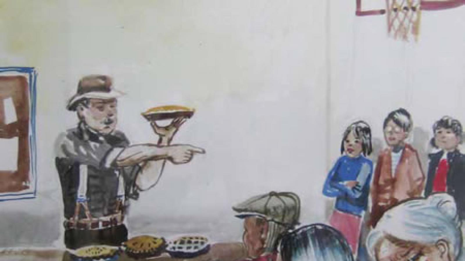 Pie Social, 1997, by Carl Gawboy, a member of the Boise Forte Band of Chippewa, is displayed at the Min No Aya Win Human Services Center on the Fond du Lac Reservation in Minnesota.