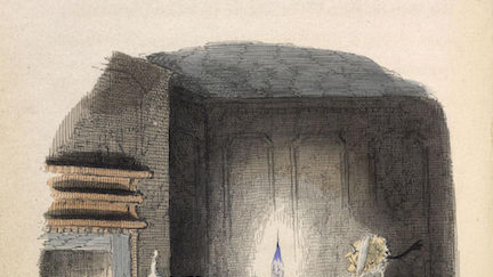 This is an illustration from the original edition of Charles Dickens' novella A Christmas Carol. Color line drawing of a man, Ebenezer Scrooge, sitting in an armchair by a fire wearing a sleeping gown and night cap being visited by the ghost of a man in a black suit and encircled by a giant chain.
