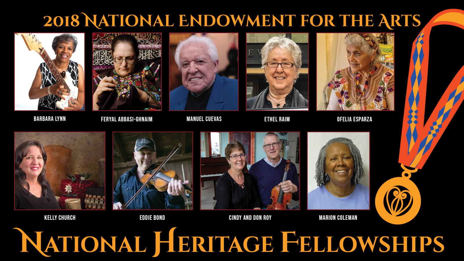 Headshots of nine individuals with next saying 2018 National Endowment for the Arts National Heritage Fellowships