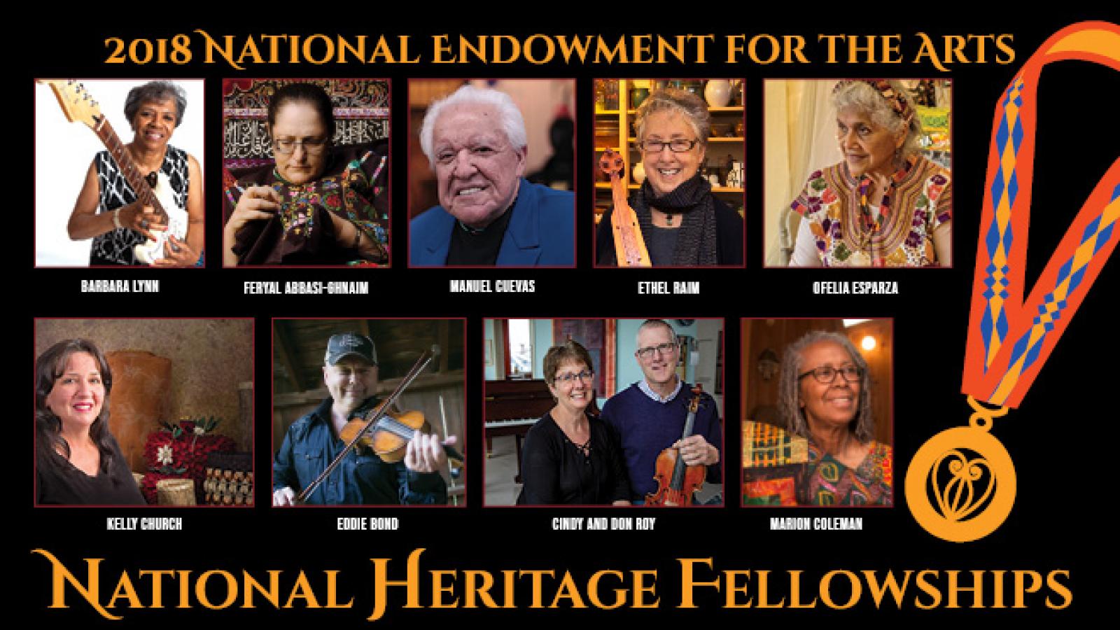 Headshots of nine individuals with next saying 2018 National Endowment for the Arts National Heritage Fellowships