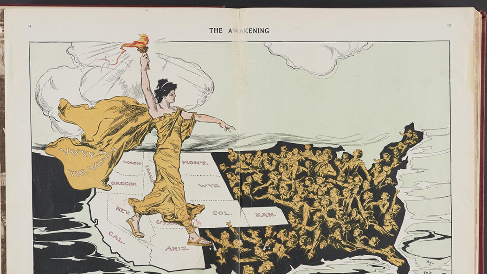 Illustration of a woman in classical garb walking across US map to bring women's suffrage to East Coast.