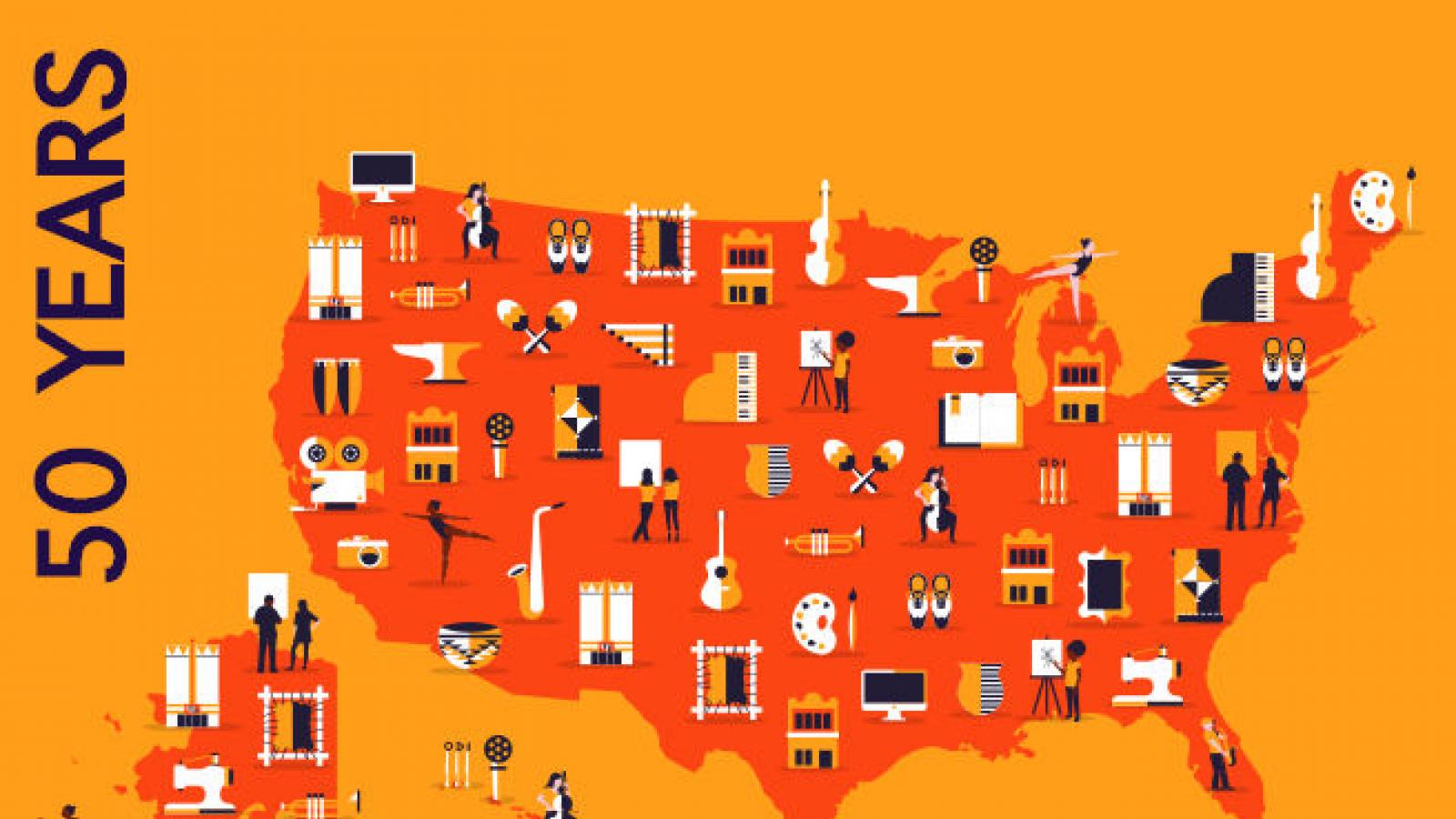 U.S. map with symbols of the arts
