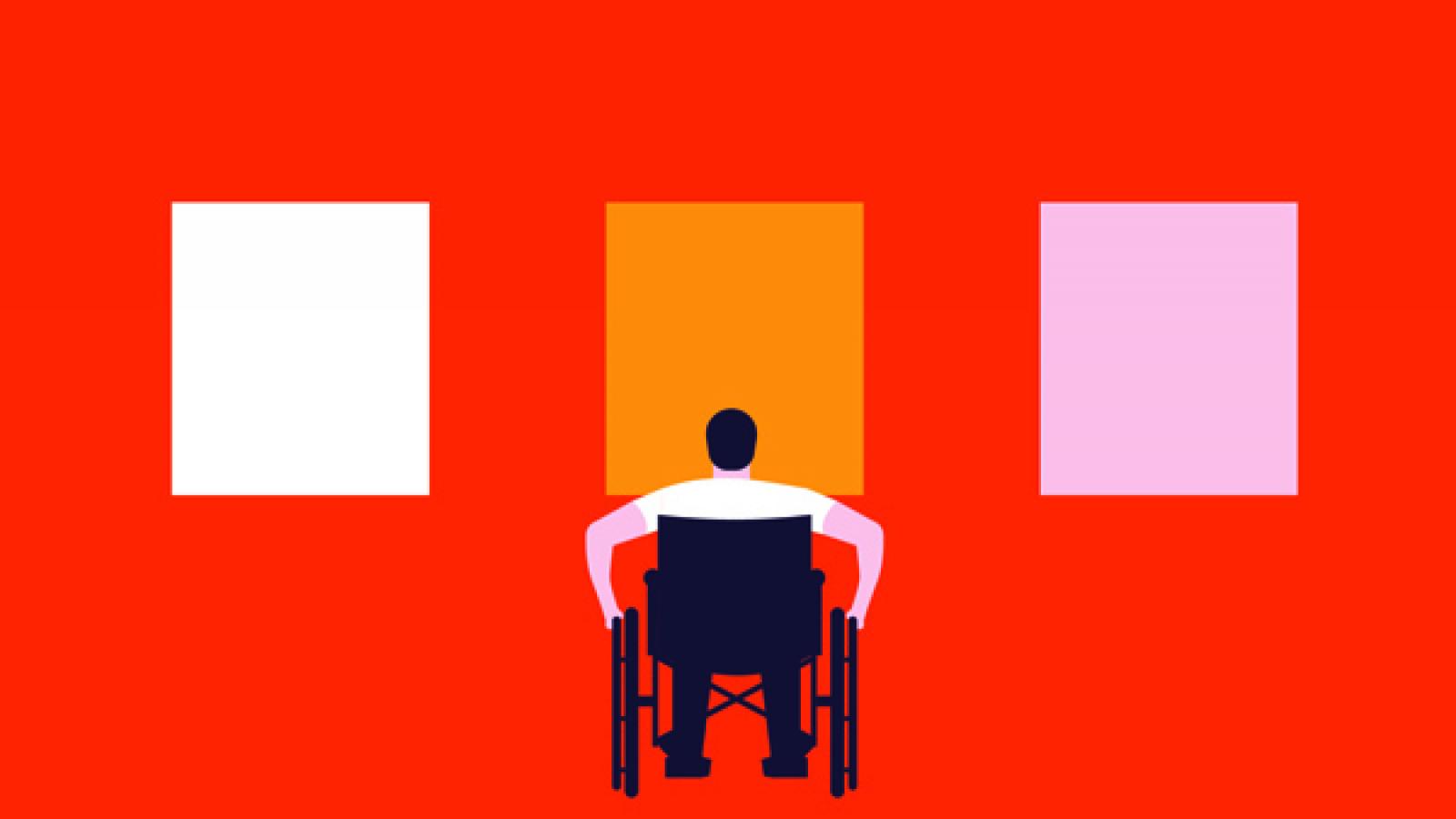 graphic image of person in wheelchair facing wall with three pieces of framed art