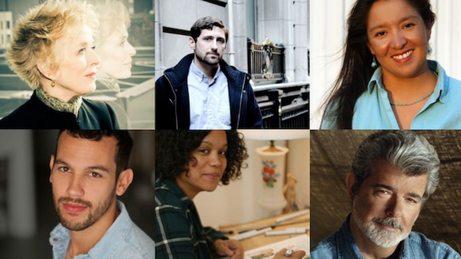 grid collage of photos of Holland Taylor, Phil Klay, Ramona Emerson, Justin Torres, Whit Taylor, George Lucas