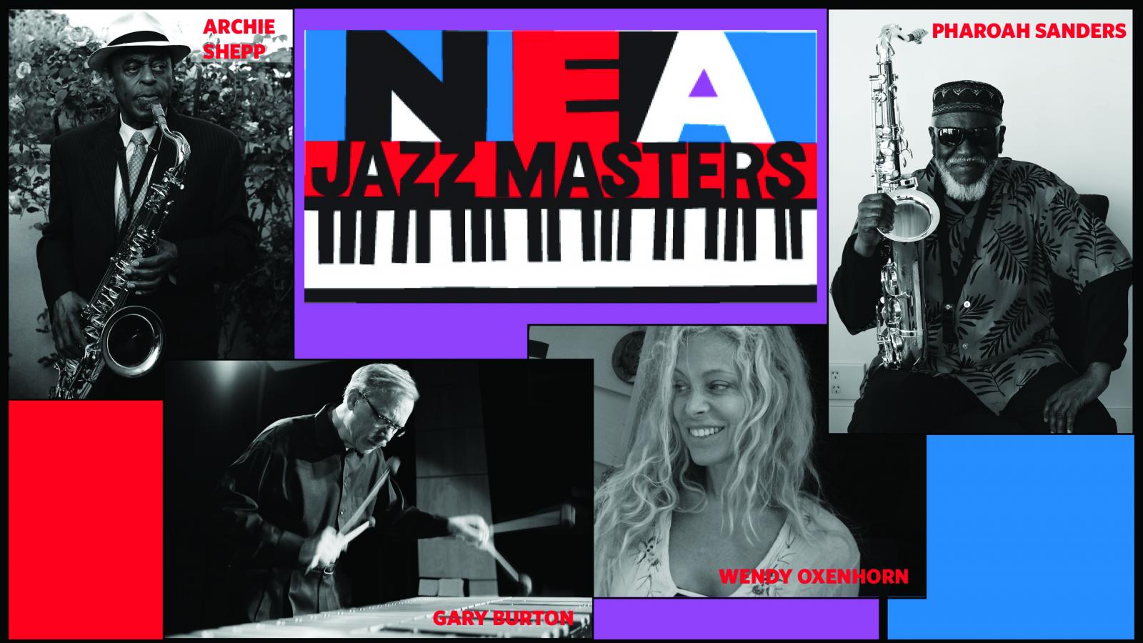 Collage of the four Jazz Masters with their instruments.