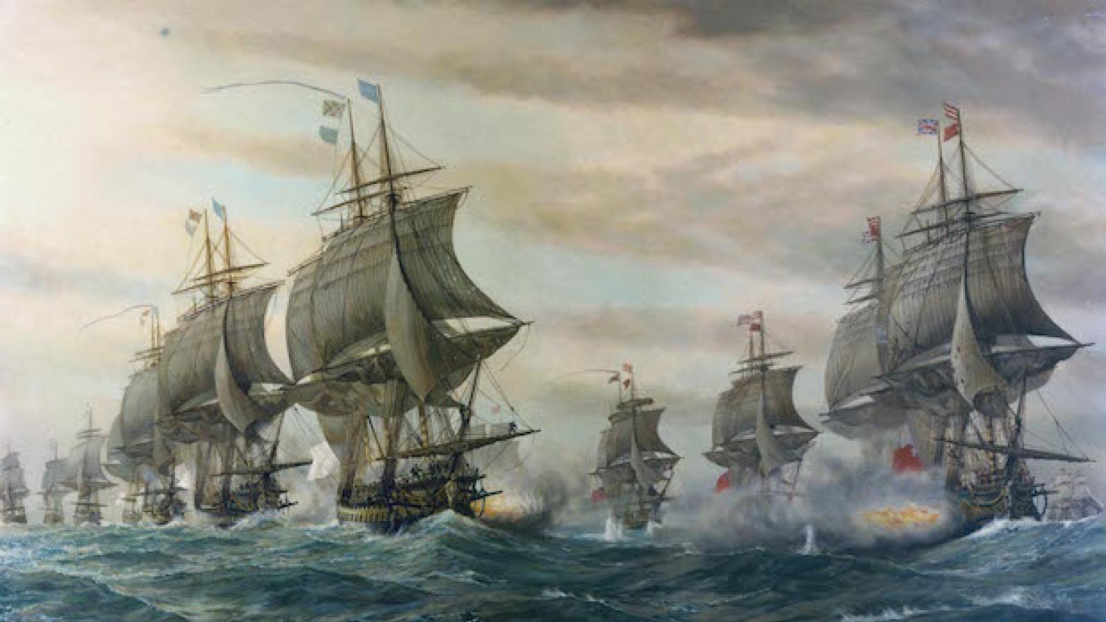 painting of two fleets of 18th century battleships with sails engaged in battle on the open sea