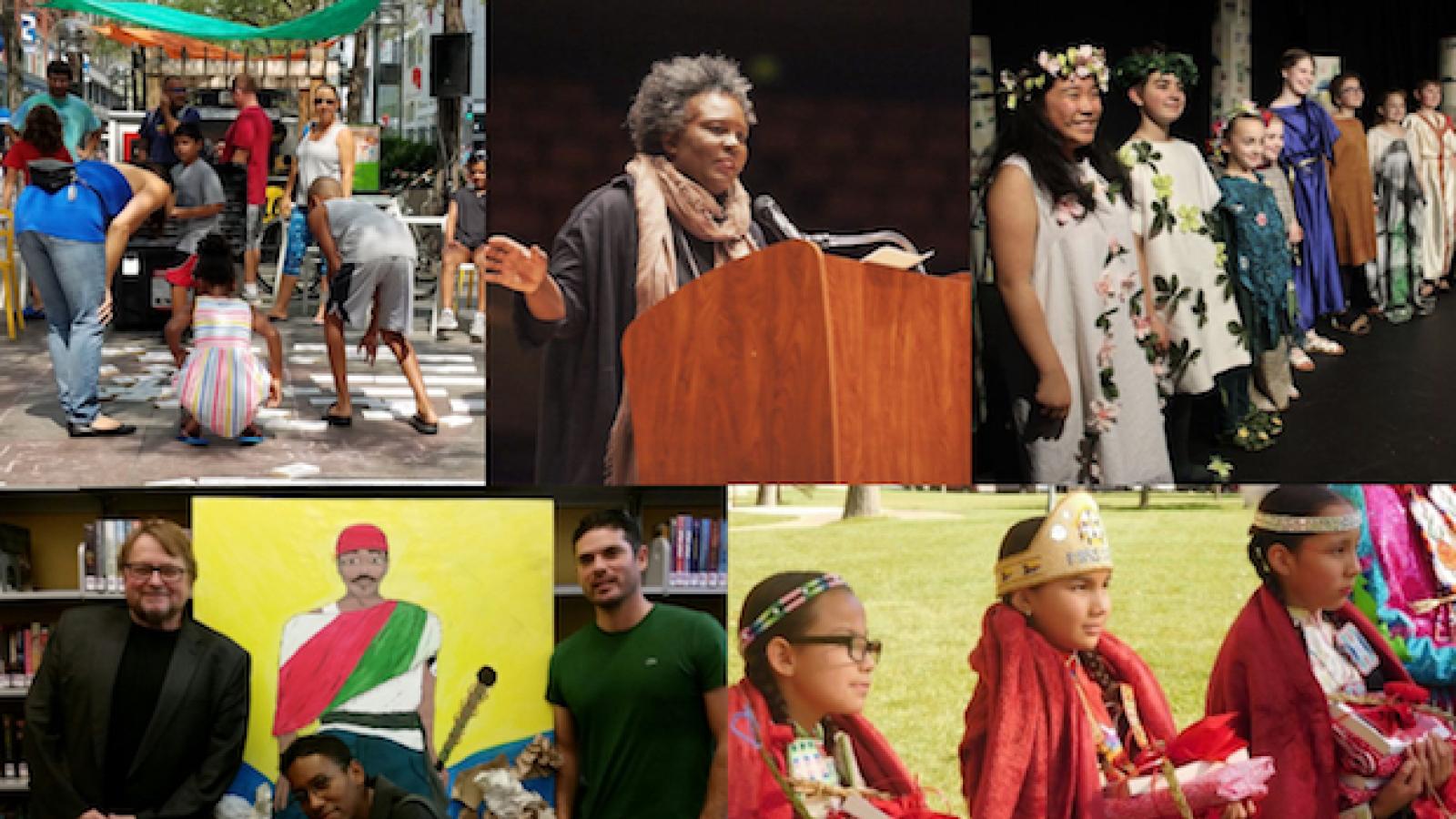 a collage of images related to the NEA Big Read including authors reading their books, chalk poetry for kids, costumed theater activities, farmers market booth with Big Read books and paintings inspired by the Big Read