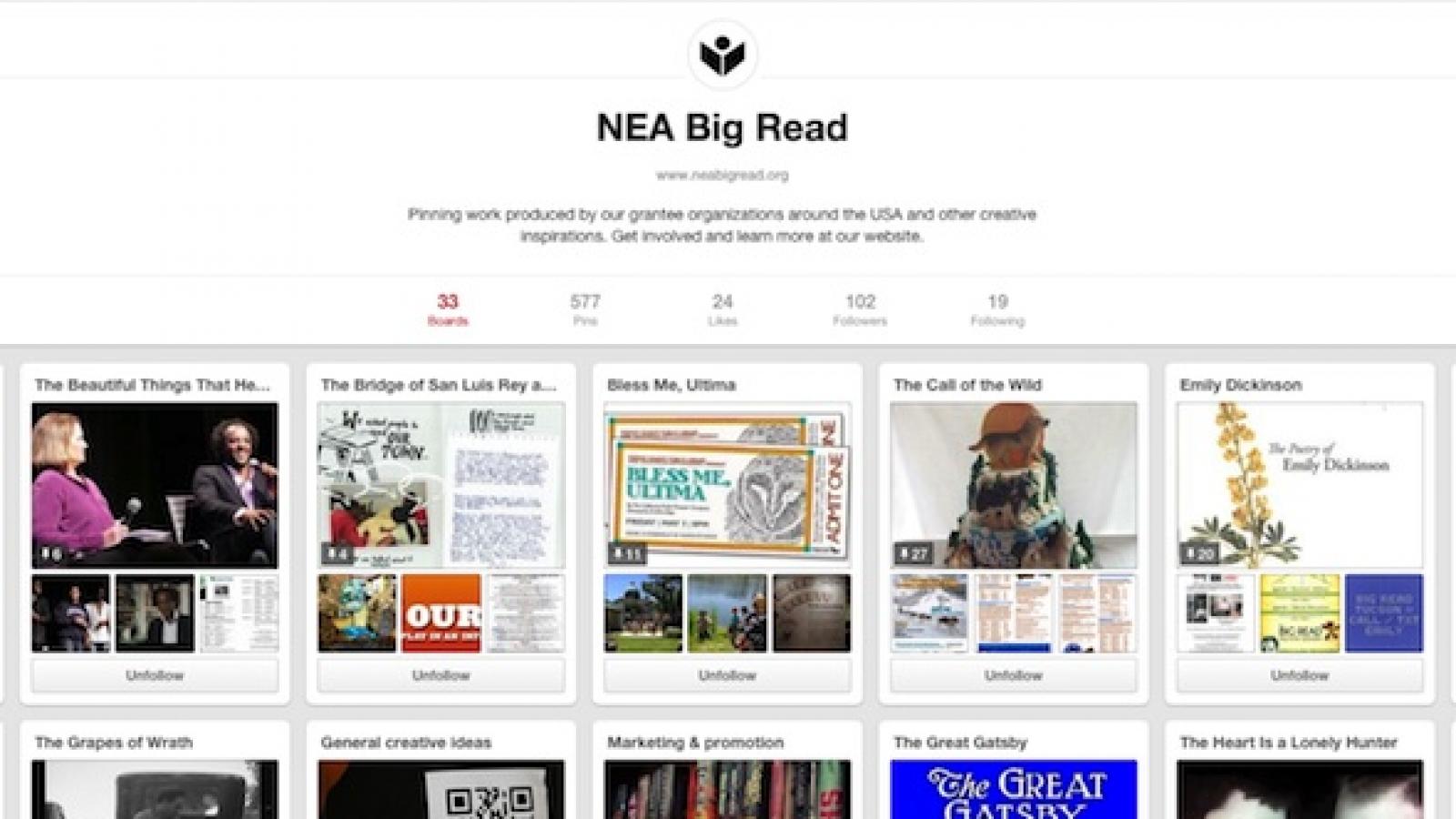 a screenshot of the Big Read pinterest page including several boards