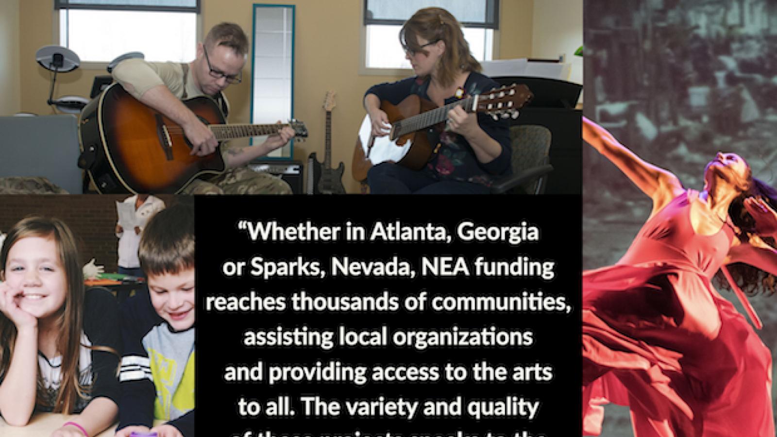 a collage of photos including a man and woman playing guitars, a woman in a red costume dancing, two actors doing a Shakespeare play, and a group of kids admiring their crafts