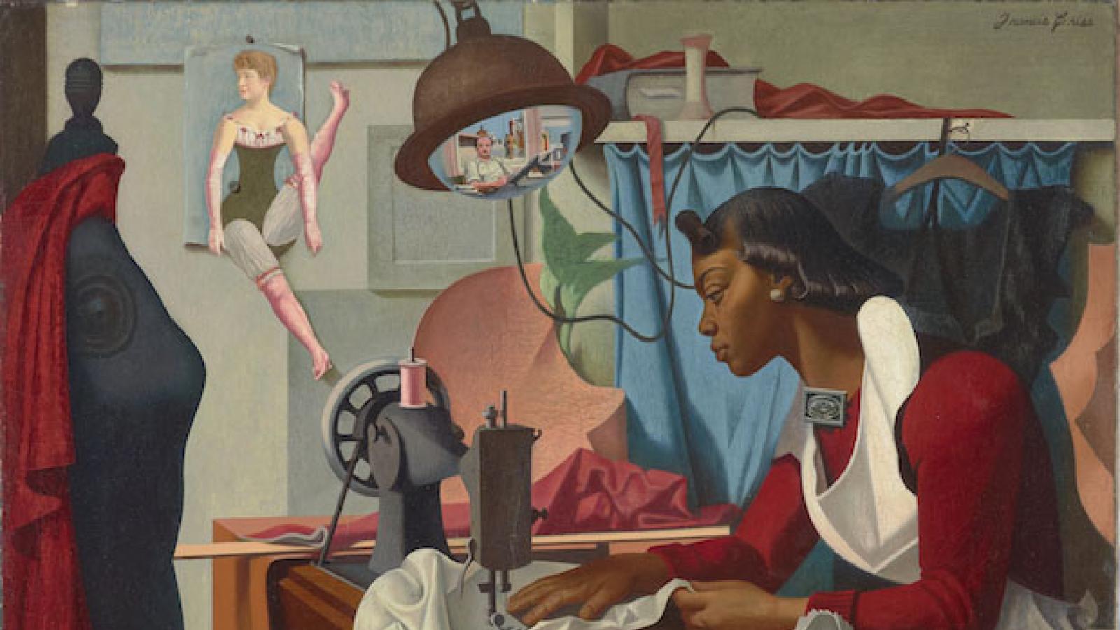 painting of a well-dressed woman of color working at a sewing machine