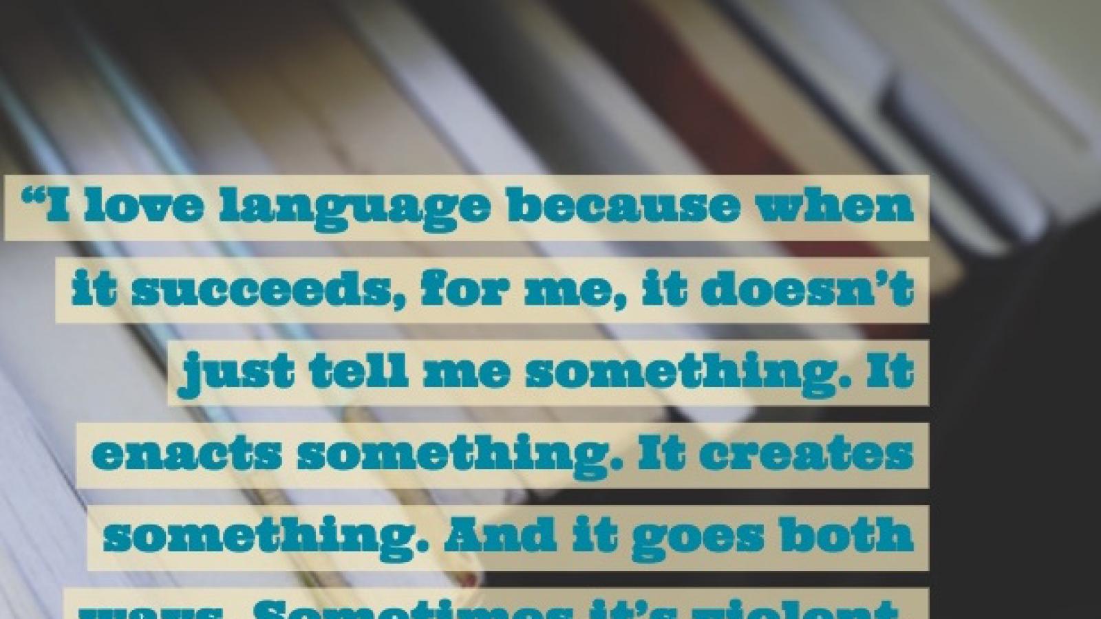 a quote by Claudia Rankine laid over a photograph of books laid end to end vertically
