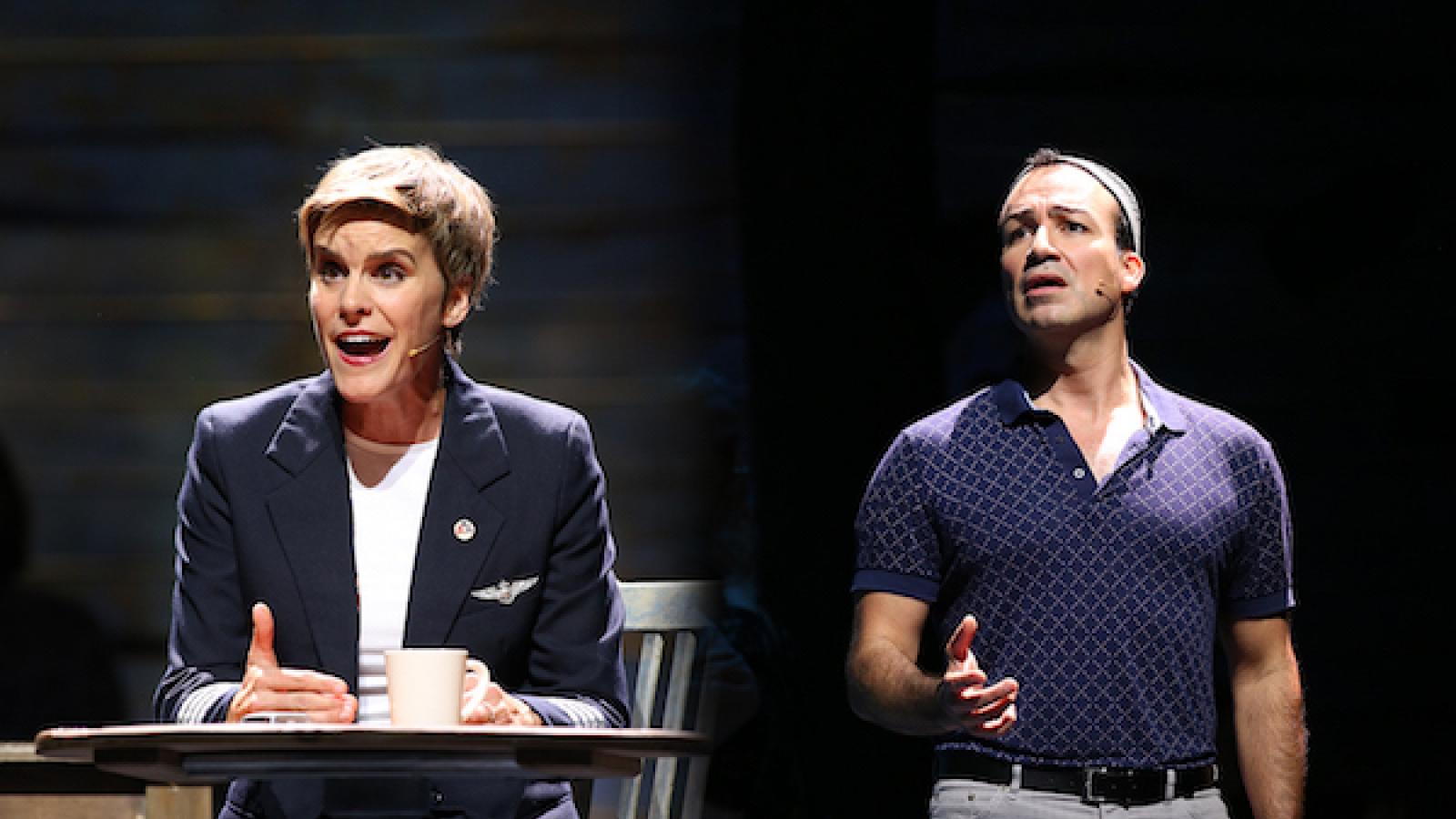 Jenn Colella and Caesar Samayoa in character for the musical Come From Away